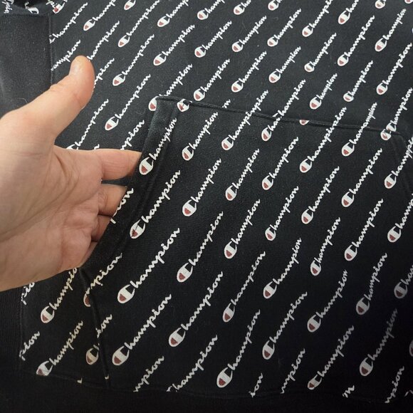 Champion Hoodie Mens Large Black Reverse Weave All Over Logo Script Pullover - Picture 6 of 10